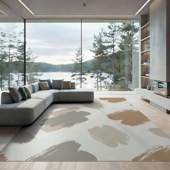 ODIKA 9'x12' Washable Area Rug Non-Slip, Chair-Friendly Beige Asymmetrical Boho Taupe Brushed Minimalist An Under Dining for Room, Basement, Large Office