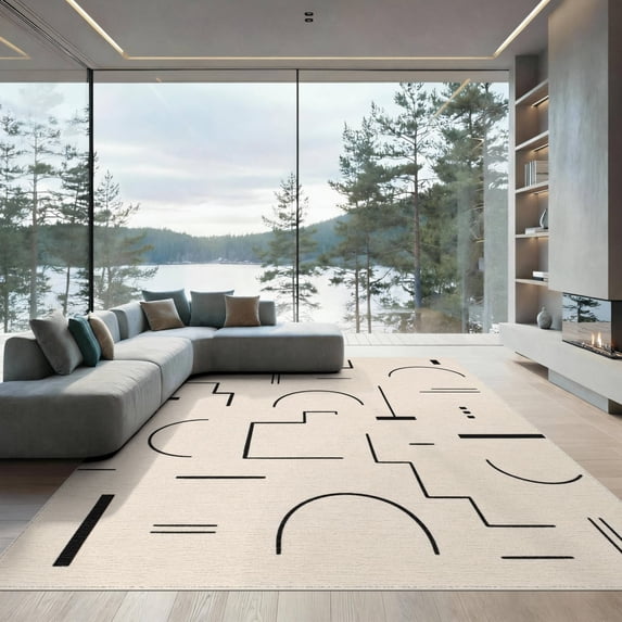 ODIKA 9'x12' Washable Area Rug Non-Slip, Chair-Friendly Beige Black Geometric Abstract Art Design Contemporary Motifs with Bold Lines for Dining Room, Basement, Large Office