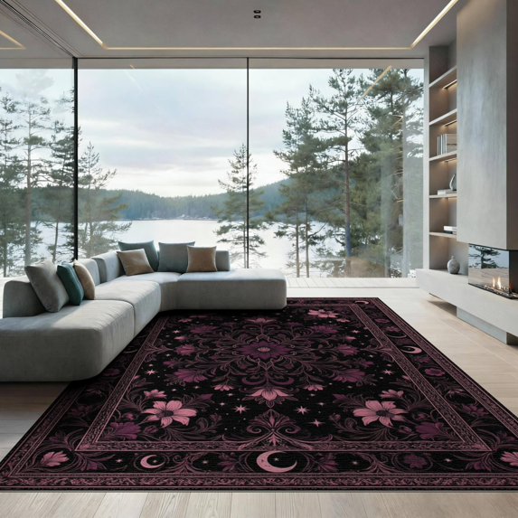 ODIKA 9'x12' Washable Area Rug Non-Slip, Chair-Friendly Black Celestial Decorative Plum Gothic Floral Design with Moons and Stars for Dining Room, Basement, Large Office