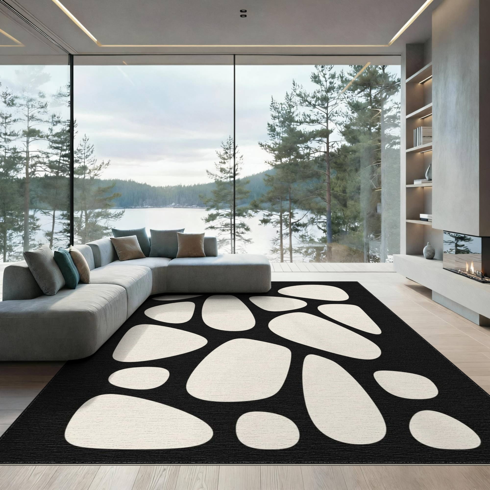 Abstract Pattern Shag Rugs ODIKA 9'x12' Washable Area Rug Non-Slip, Chair-Friendly Black White ...