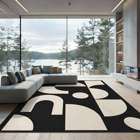 ODIKA 9'x12' Washable Area Rug Non-Slip, Chair-Friendly Black White Geometric Abstract Art Design Contemporary Shapes and Balanced Visual for Dining Room, Basement, Large Office