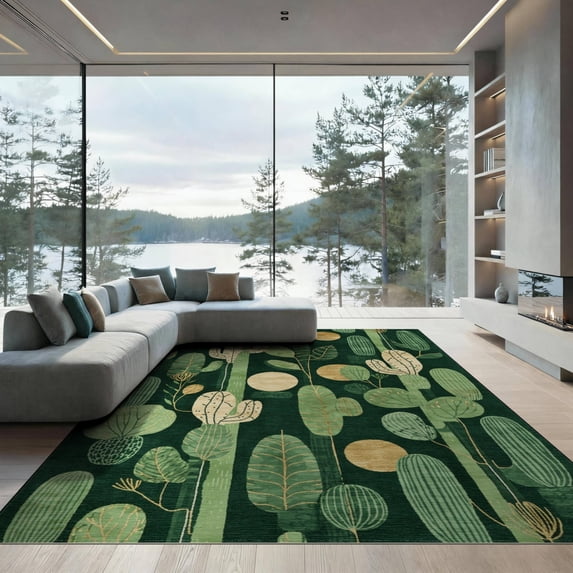 ODIKA 9'x12' Washable Area Rug Non-Slip, Chair-Friendly Botanical Print Mid Century Forest Sunset Abstract Monstera Round for Dining Room, Basement, Large Office
