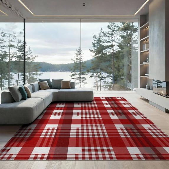 ODIKA 9'x12' Washable Area Rug Non-Slip, Chair-Friendly Checkered Tartan Gingham Grid Striped Christma Plaid Checked Bold Playful for Dining Room, Basement, Large Office