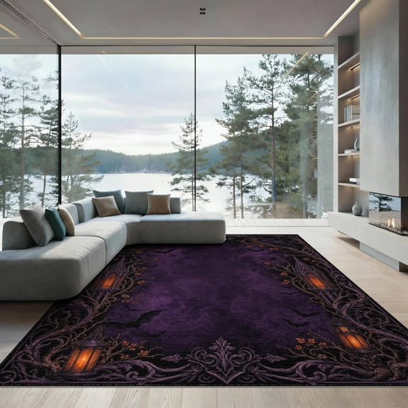 ODIKA 9'x12' Washable Area Rug Non-Slip, Chair-Friendly Dark Purple Gothic Elegance Design Victorian Inspired Motifs with Moonlit for Dining Room, Basement, Large Office