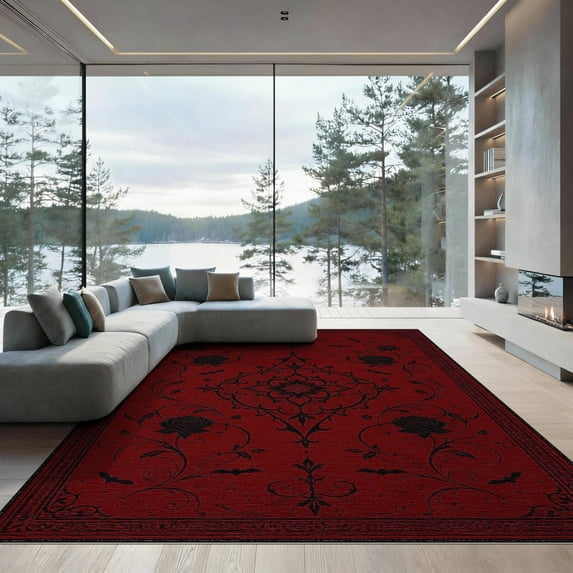 ODIKA 9'x12' Washable Area Rug Non-Slip, Chair-Friendly Deep Red Gothic Floral Elegance Intricate Victorian Motif with Bats for Dining Room, Basement, Large Office
