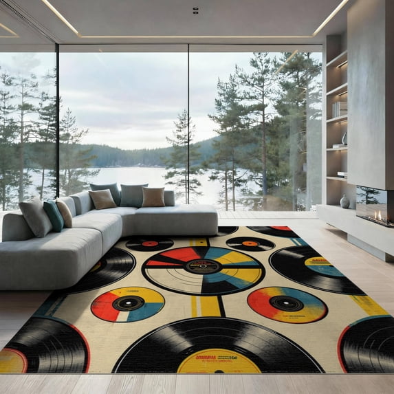 ODIKA 9'x12' Washable Area Rug Non-Slip, Chair-Friendly Disc Cd Vinyl Record Collage Retro Vintage Music Stripe Layout for Dining Room, Basement, Large Office