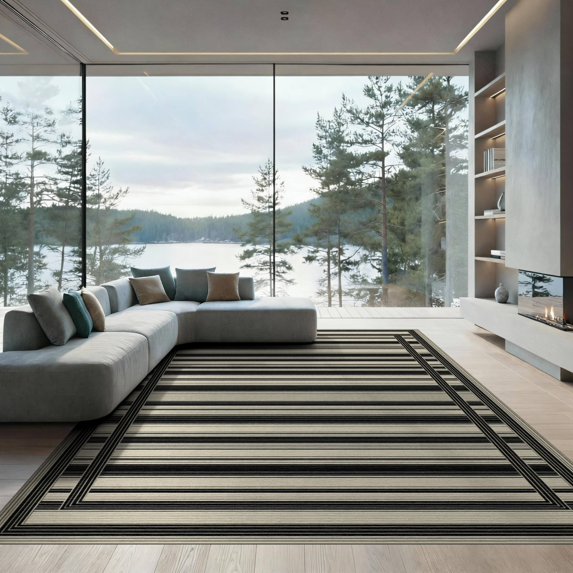 ODIKA 9'x12' Washable Area Rug Non-Slip, Chair-Friendly Farmhouse Horizontal Lines Doormat Varied Width Striped Border for Dining Room, Basement, Large Office