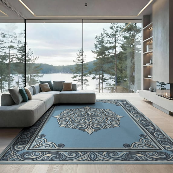 ODIKA 9'x12' Washable Area Rug Non-Slip, Chair-Friendly Farmhouse Medallion With Transitional Scroll Frame Abstract Modern Refined for Dining Room, Basement, Large Office