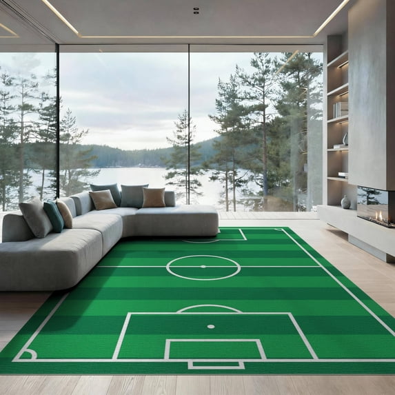ODIKA 9'x12' Washable Area Rug Non-Slip, Chair-Friendly Field Pitch Grid Border Interactive Velvet Practice Football Soccer Refined for Dining Room, Basement, Large Office