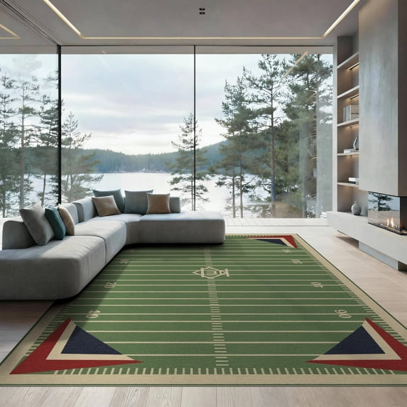 ODIKA 9'x12' Washable Area Rug Non-Slip, Chair-Friendly Football Field Gridiron Retro Pennant Doormat Door Footaball for Dining Room, Basement, Large Office