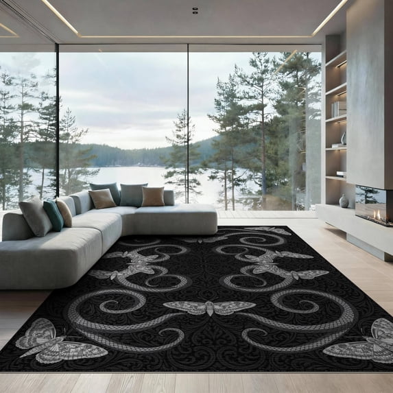 ODIKA 9'x12' Washable Area Rug Non-Slip, Chair-Friendly Gothic Serpent Snake Wing Mystical Moody Witchy Whimsical Moth for Dining Room, Basement, Large Office