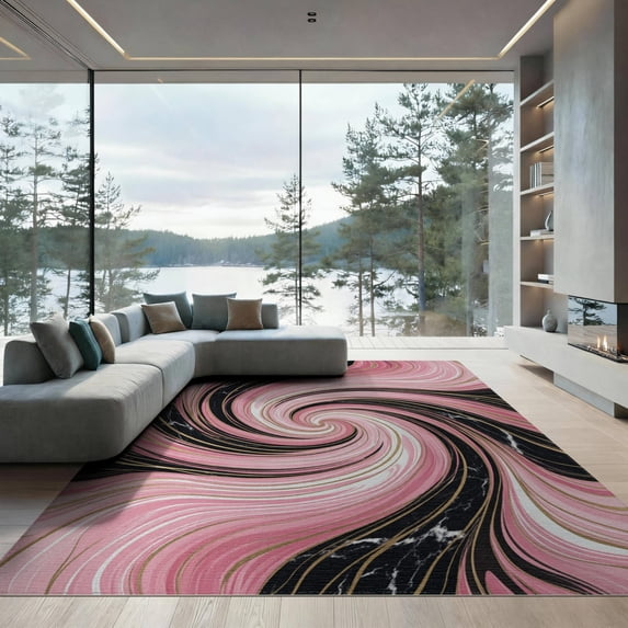 ODIKA 9'x12' Washable Area Rug Non-Slip, Chair-Friendly With Gradient Veined Swirls And Gold Accents Marble Abstract Refined Structured for Dining Room, Basement, Large Office
