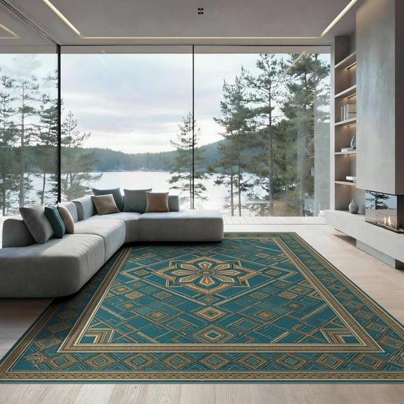 ODIKA 9'x12' Washable Area Rug Non-Slip, Chair-Friendly Mid Faded Century Symmetrical Repeating Ornamental Hallway Teal for Dining Room, Basement, Large Office