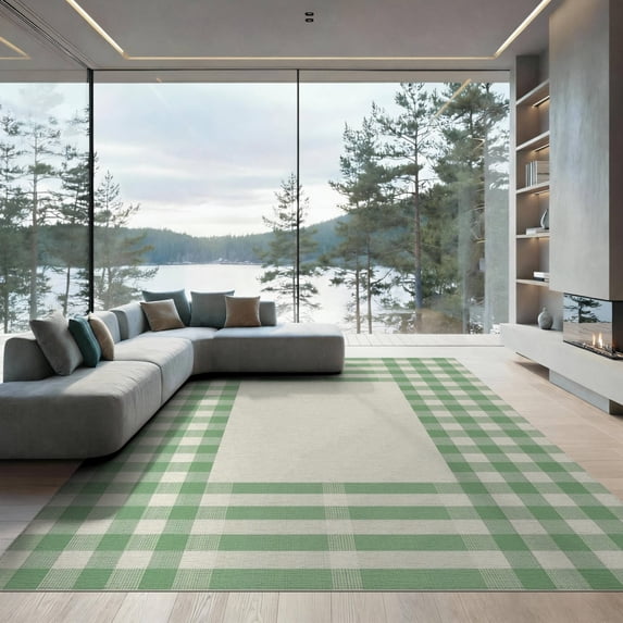ODIKA 9'x12' Washable Area Rug Non-Slip, Chair-Friendly Mint Decorative Gingham Grid Contemporary Plaid Neutral Checkered for Dining Room, Basement, Large Office