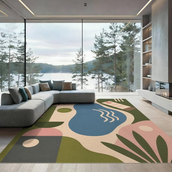ODIKA 9'x12' Washable Area Rug Non-Slip, Chair-Friendly Multicolor Abstract Geometric Design Modern Shapes with Flowing Lines for Dining Room, Basement, Large Office