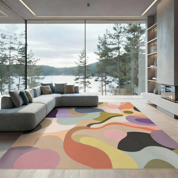 ODIKA 9'x12' Washable Area Rug Non-Slip, Chair-Friendly Multicolored Abstract Swirls and Curves Design Geometric Flow with Artistic Modern for Dining Room, Basement, Large Office