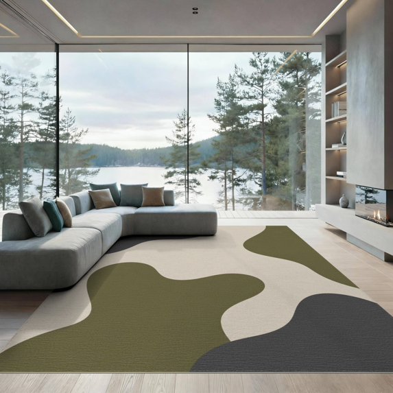 ODIKA 9'x12' Washable Area Rug Non-Slip, Chair-Friendly Olive and Charcoal Abstract Waves Modern Fluid Design with Curves for Dining Room, Basement, Large Office