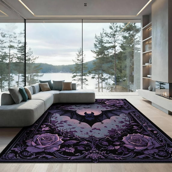 ODIKA 9'x12' Washable Area Rug Non-Slip, Chair-Friendly Purple Gothic Bat Halloween Flowers Ornate Medallion with Boho Rose Motifs for Dining Room, Basement, Large Office