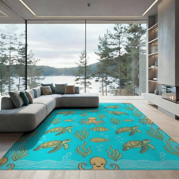 ODIKA 9'x12' Washable Area Rug Non-Slip, Chair-Friendly Scene With Nautical Turtle Fish And Octopus Ocean Underwater Refined Structured for Dining Room, Basement, Large Office