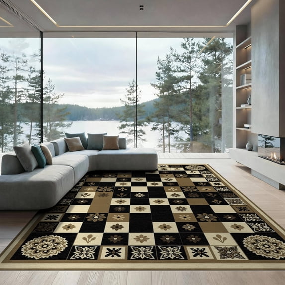 ODIKA 9'x12' Washable Area Rug Non-Slip, Chair-Friendly Table Geometric Pvc Block Vintage Border Dining Under Vinyl for Room, Basement, Large Office