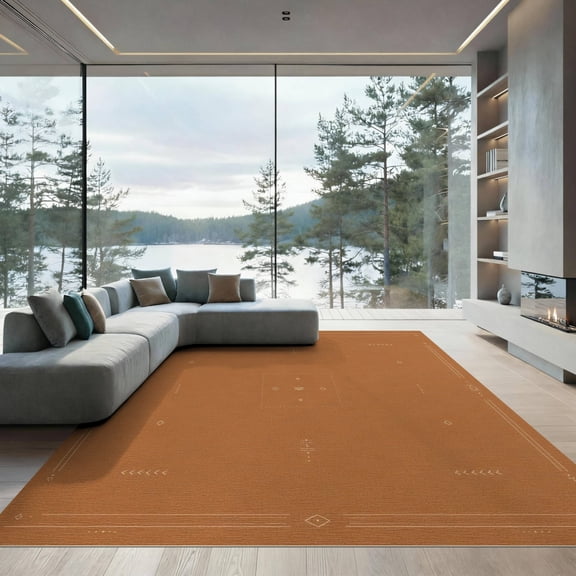 ODIKA 9'x12' Washable Area Rug Non-Slip, Chair-Friendly Warm Terra Cotta Geometric Symmetry Design Elegant Minimalist Lines and Diamond Motifs for Dining Room, Basement, Large Office