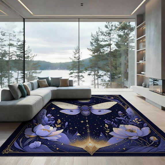 ODIKA 9'x12' Washable Area Rug Non-Slip, Chair-Friendly Witchy Mystical Moth Medallion With Celestial Stars Moons Floral for Dining Room, Basement, Large Office