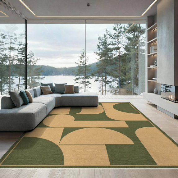 ODIKA 9'x12' Washable Area Rug Olive Beige Geometric Design Accent Elegant Contemporary Shapes and Borders for Great Room, Indoor Concept, Large Living Low Pile, Flatwoven