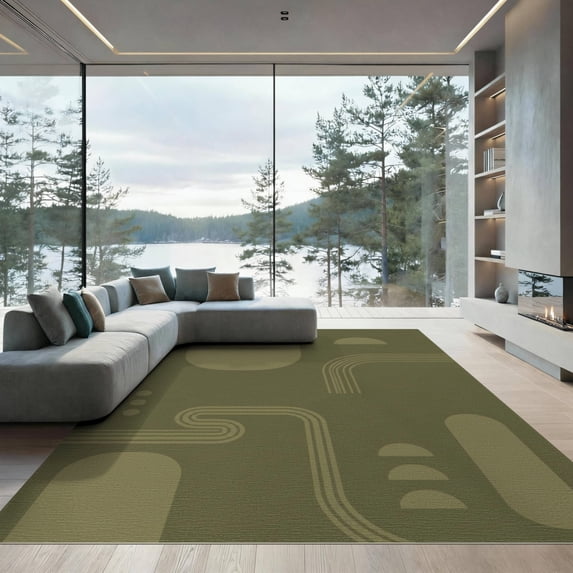 ODIKA 9'x12' Washable Area Rug Olive Green Geometric Minimalist Design Elegant Contemporary Lines and Shapes Accent for Master Suite, California King, Under Bed, Non-Shedding, Easy Care