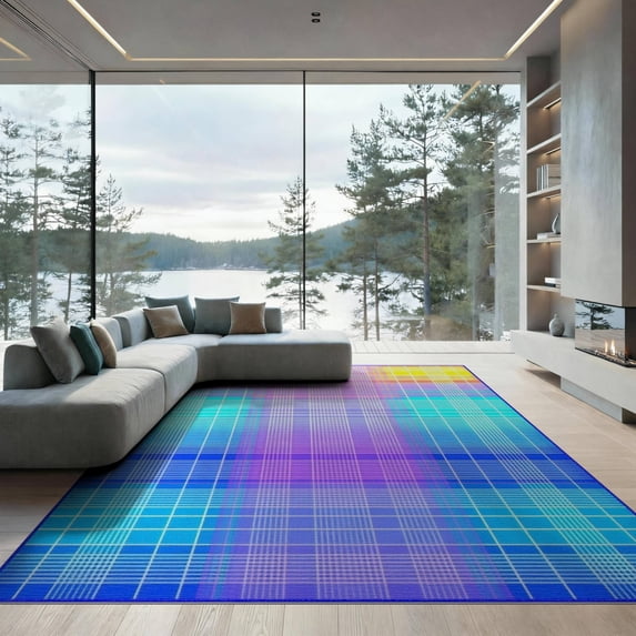 ODIKA 9'x12' Washable Area Rug Ombre Checkered Short Grid Aesthetic Groovy Gradient Plaid Pile for Master Suite, California King, Under Bed, Non-Shedding, Easy Care