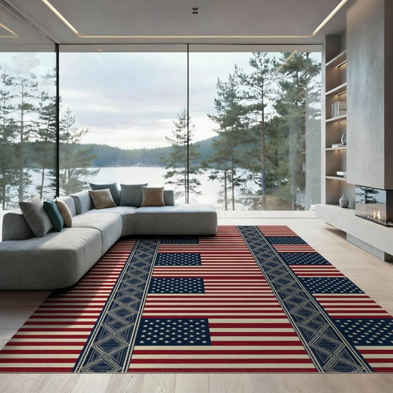 ODIKA 9'x12' Washable Area Rug Patriotic Farmhouse Motif Lattice Halloween Plaid Independence for Great Room, Indoor Concept, Large Living Low Pile, Flatwoven
