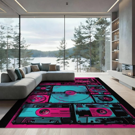 ODIKA 9'x12' Washable Area Rug Personalized Album Cover Retro Cassette Vinyl Kpop Movie Theater for Master Suite, California King, Under Bed, Non-Shedding, Easy Care