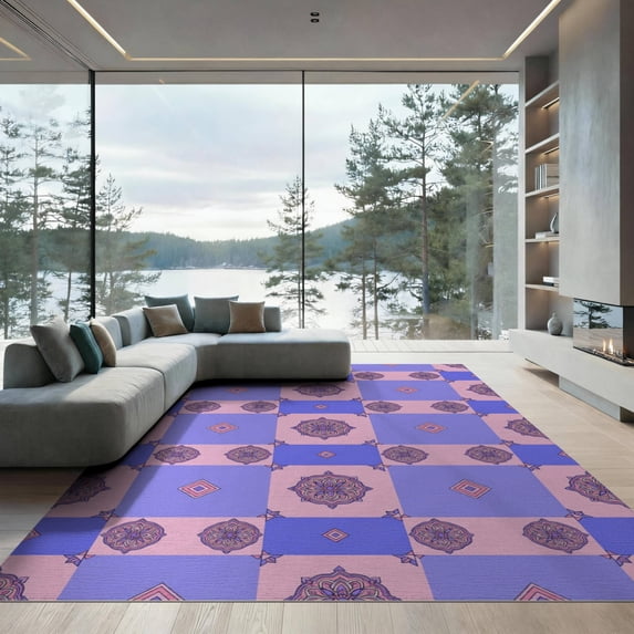 ODIKA 9'x12' Washable Area Rug Pink Checkered Grid Alternating Squares Scattered Symmetrical for Dining Room, Basement, Large Office, Non-Slip Chair-Friendly