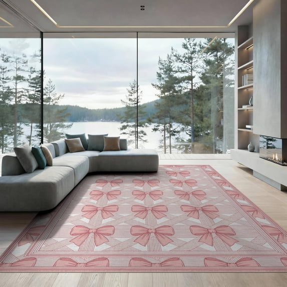 ODIKA 9'x12' Washable Area Rug Pink Dainty Feminine Balanced Geometric Framework Round for Master Suite, California King, Under Bed, Non-Shedding, Easy Care