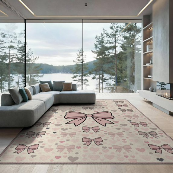 ODIKA 9'x12' Washable Area Rug Pink Ribbon Whimsical Dotted Ornamental Border for Master Suite, California King, Under Bed, Non-Shedding, Easy Care