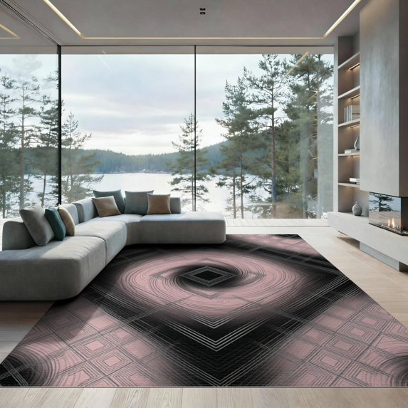 ODIKA 9'x12' Washable Area Rug Pink Transitional Grey Tonal Flow Overlay Grid Statement Contemporary for Dining Room, Basement, Large Office, Non-Slip Chair-Friendly