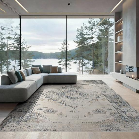 ODIKA 9'x12' Washable Area Rug Plush Large Abstract Neutral Symmetrical Farmhouse Beige Grey for Dining Room, Basement, Office, Non-Slip Chair-Friendly