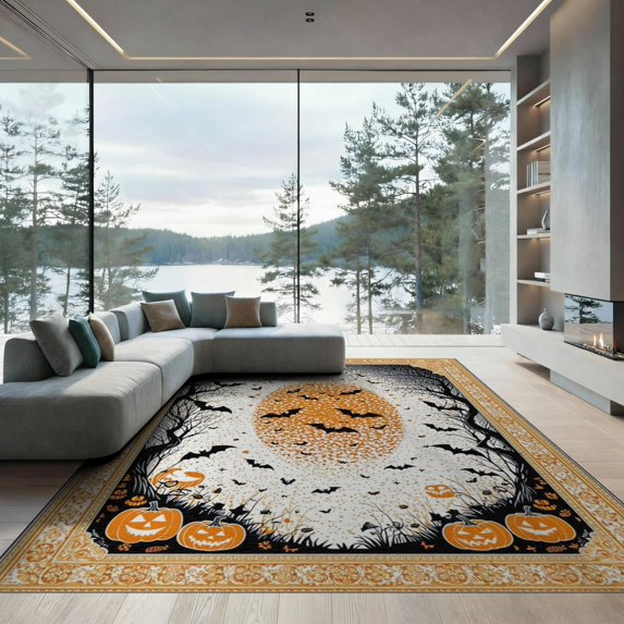 ODIKA 9'x12' Washable Area Rug Pumpkin Bat Halloween Cluster Ghostly Gothic Border Ghost Motif for Great Room, Indoor Concept, Large Living Low Pile, Flatwoven