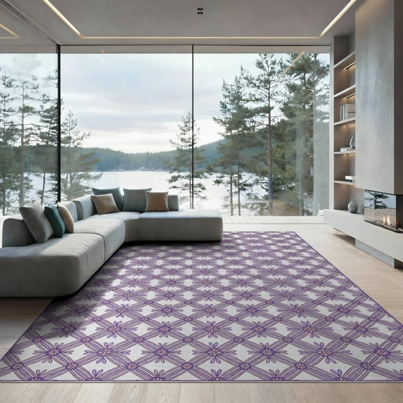 ODIKA 9'x12' Washable Area Rug Purple Border Symmetrical Junction Repeating Motif Tasseled Beige for Dining Room, Basement, Large Office, Non-Slip Chair-Friendly