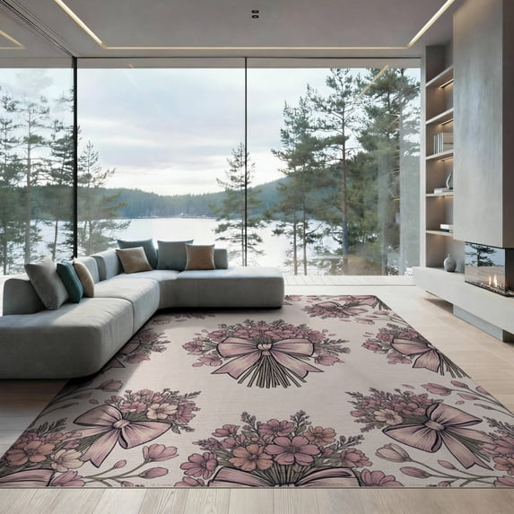 ODIKA 9'x12' Washable Area Rug Purple Delicate Beige Cluster Ribbon Motif Botanical Border Pink for Master Suite, California King, Under Bed, Non-Shedding, Easy Care