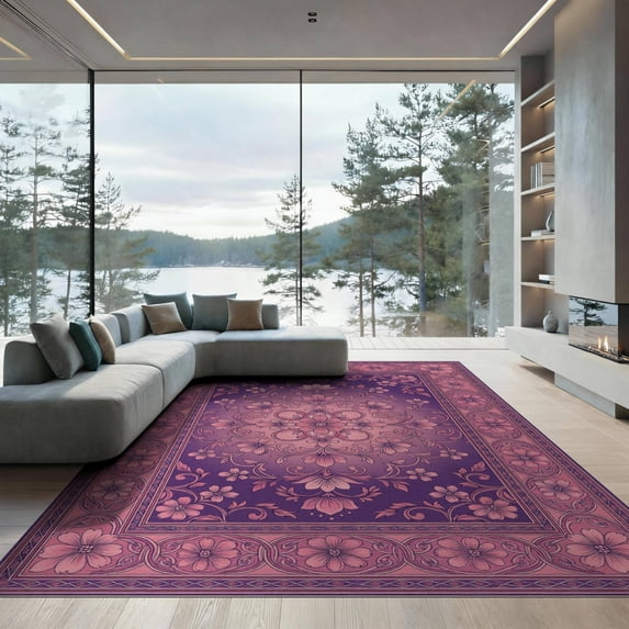 ODIKA 9'x12' Washable Area Rug Purple Delicate Pink Border Balanced Decorative Furry Quilted for Dining Room, Basement, Large Office, Non-Slip Chair-Friendly