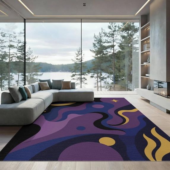 ODIKA 9'x12' Washable Area Rug Purple Gold Abstract Celestial Waves Design Elegant Swirls and Curves with Golden for Great Room, Indoor Concept, Large Living Low Pile, Flatwoven