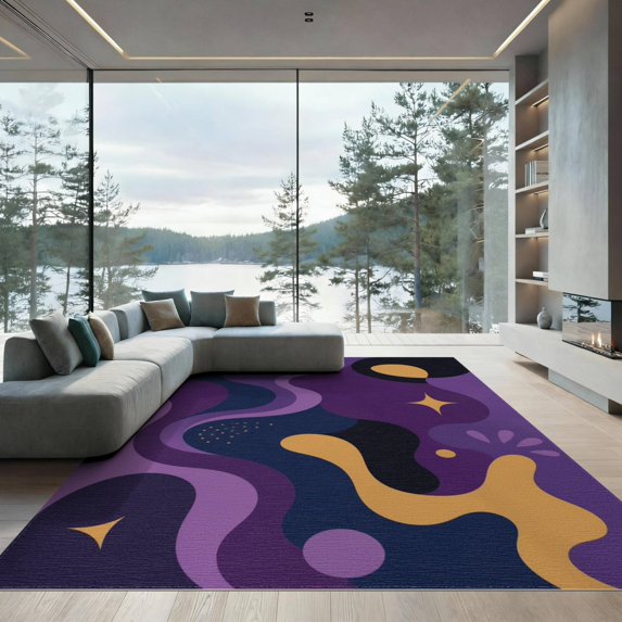 ODIKA 9'x12' Washable Area Rug Purple Yellow Abstract Cosmic Design Elegant Celestial Motifs with Dynamic Curves for Great Room, Indoor Concept, Large Living Low Pile, Flatwoven