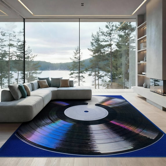 ODIKA 9'x12' Washable Area Rug Record Vinyl Cd Disc Bold Interlocking Music Note Border Shaped for Master Suite, California King, Under Bed, Non-Shedding, Easy Care