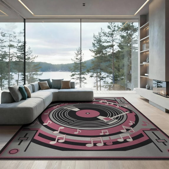 ODIKA 9'x12' Washable Area Rug Record Vinyl Mirrored Music Notes Grooves Concentric Player Dj for Master Suite, California King, Under Bed, Non-Shedding, Easy Care
