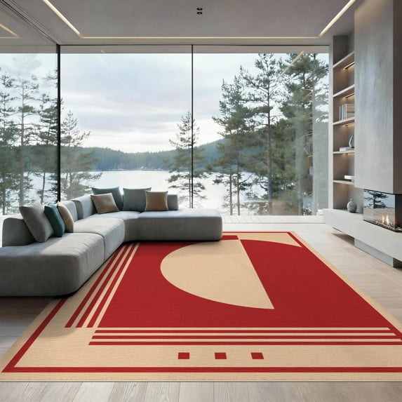 ODIKA 9'x12' Washable Area Rug Red Beige Geometric Artistic Design Elegant Minimalist Aesthetic with Bold for Master Suite, California King, Under Bed, Non-Shedding, Easy Care