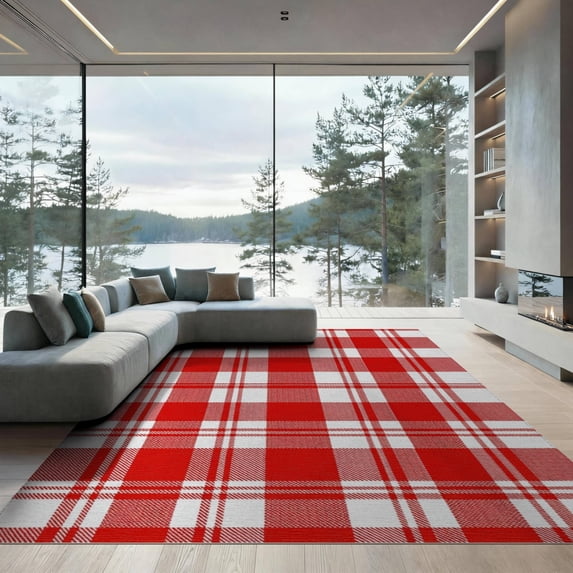 ODIKA 9'x12' Washable Area Rug Red White Buffalo Check Classic Design Large Scale Tartan Grid for Festive Christmas for Great Room, Indoor Concept, Living Low Pile, Flatwoven