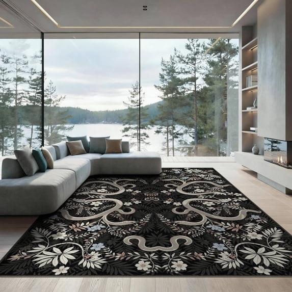 ODIKA 9'x12' Washable Area Rug Snake Serpent Forest Foliage Coiling Motif Woodland Symmetrical for Great Room, Indoor Concept, Large Living Low Pile, Flatwoven
