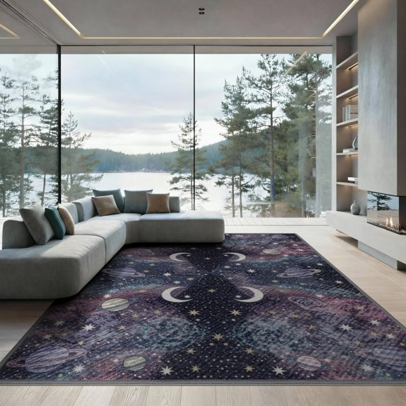 ODIKA 9'x12' Washable Area Rug Space Galaxy Star Night Sky Design With Planets And Cosmic Swirls for Great Room, Indoor Concept, Large Living Low Pile, Flatwoven