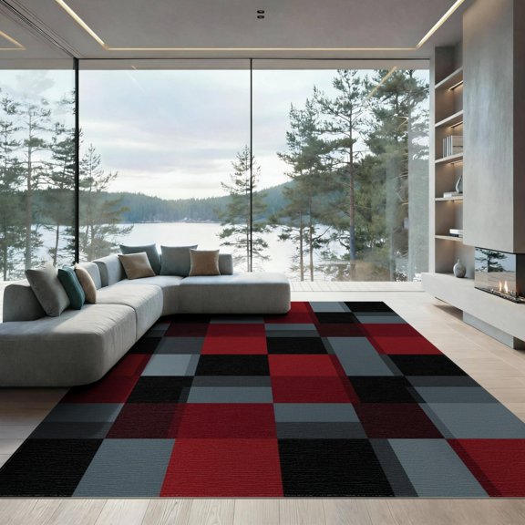 ODIKA 9'x12' Washable Area Rug Squares Contemporary Patchwork Interlocking Abstract Geometric Refined for Master Suite, California King, Under Bed, Non-Shedding, Easy Care