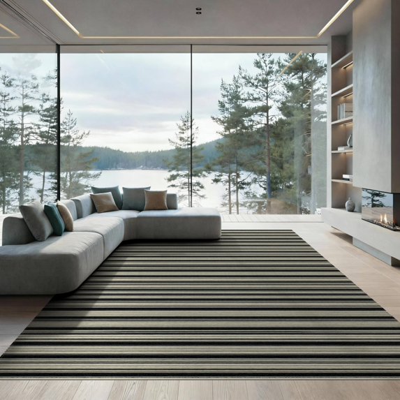 ODIKA 9'x12' Washable Area Rug Striped Breezy Rectangular Motif Tone Contrast Doormat Edges for Dining Room, Basement, Large Office, Non-Slip Chair-Friendly